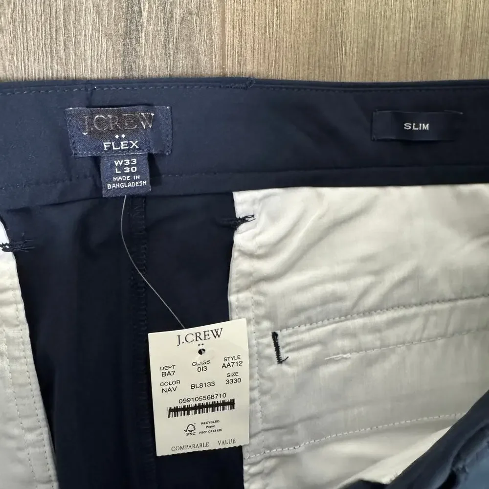 J.Crew Flex Slim-Fit Tech Chino Pants 33x30 Navy Moisture Wicking Sun Protection